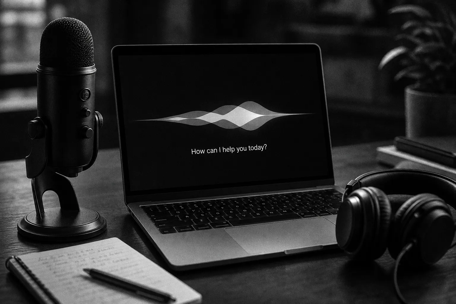 Microphone and headphones beside a laptop with an abstract assistant waveform on screen