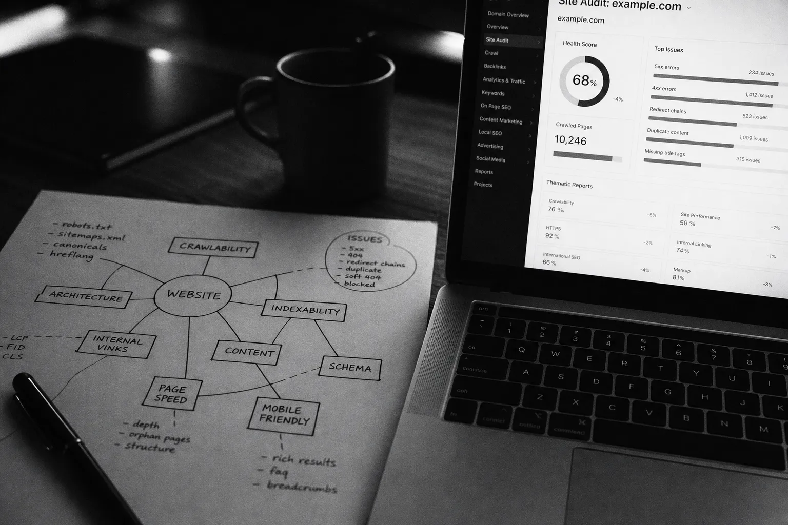 Network diagram sketch on paper beside a glowing laptop during a technical audit