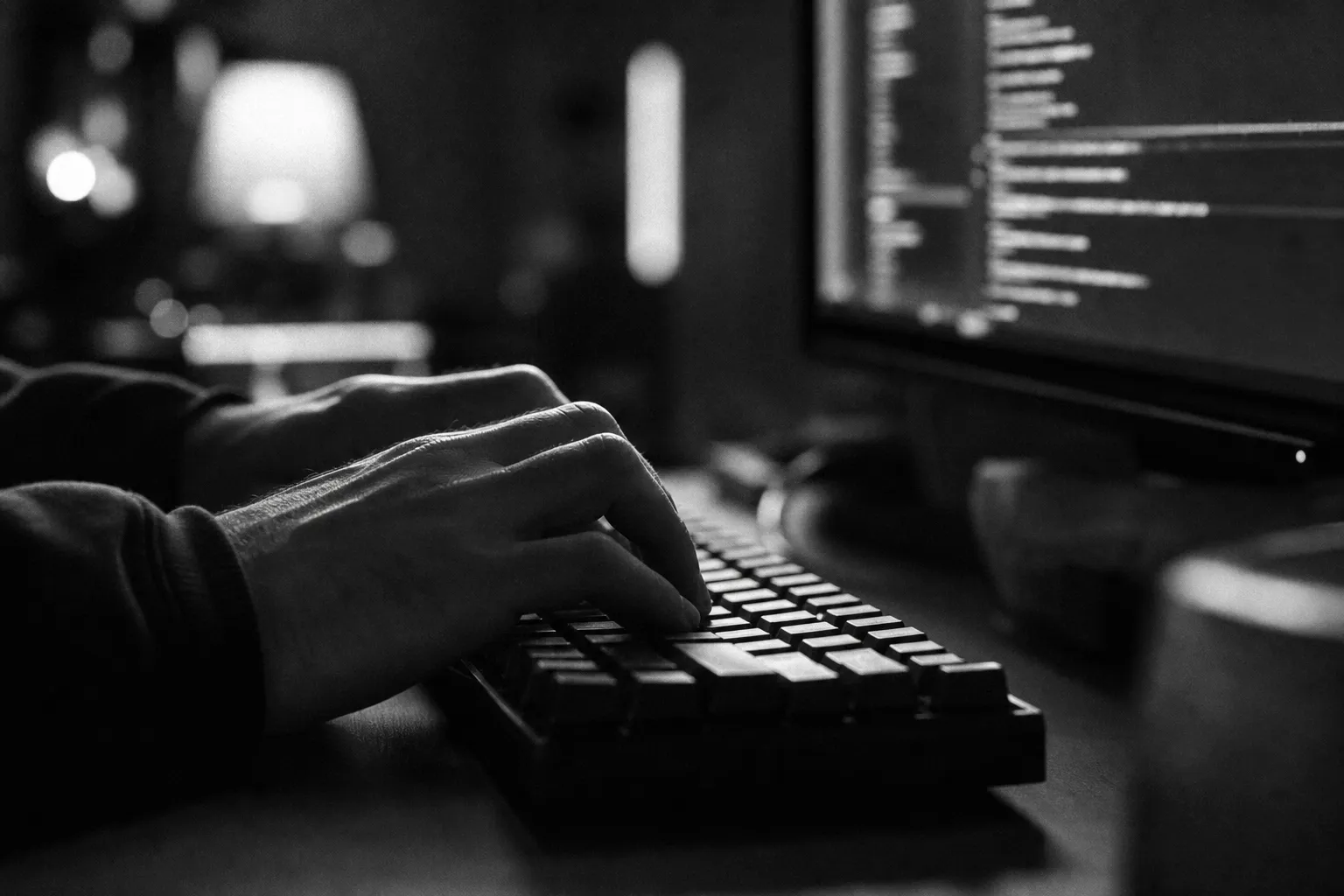 Close-up of hands on a keyboard with soft monitor light in a moody workspace