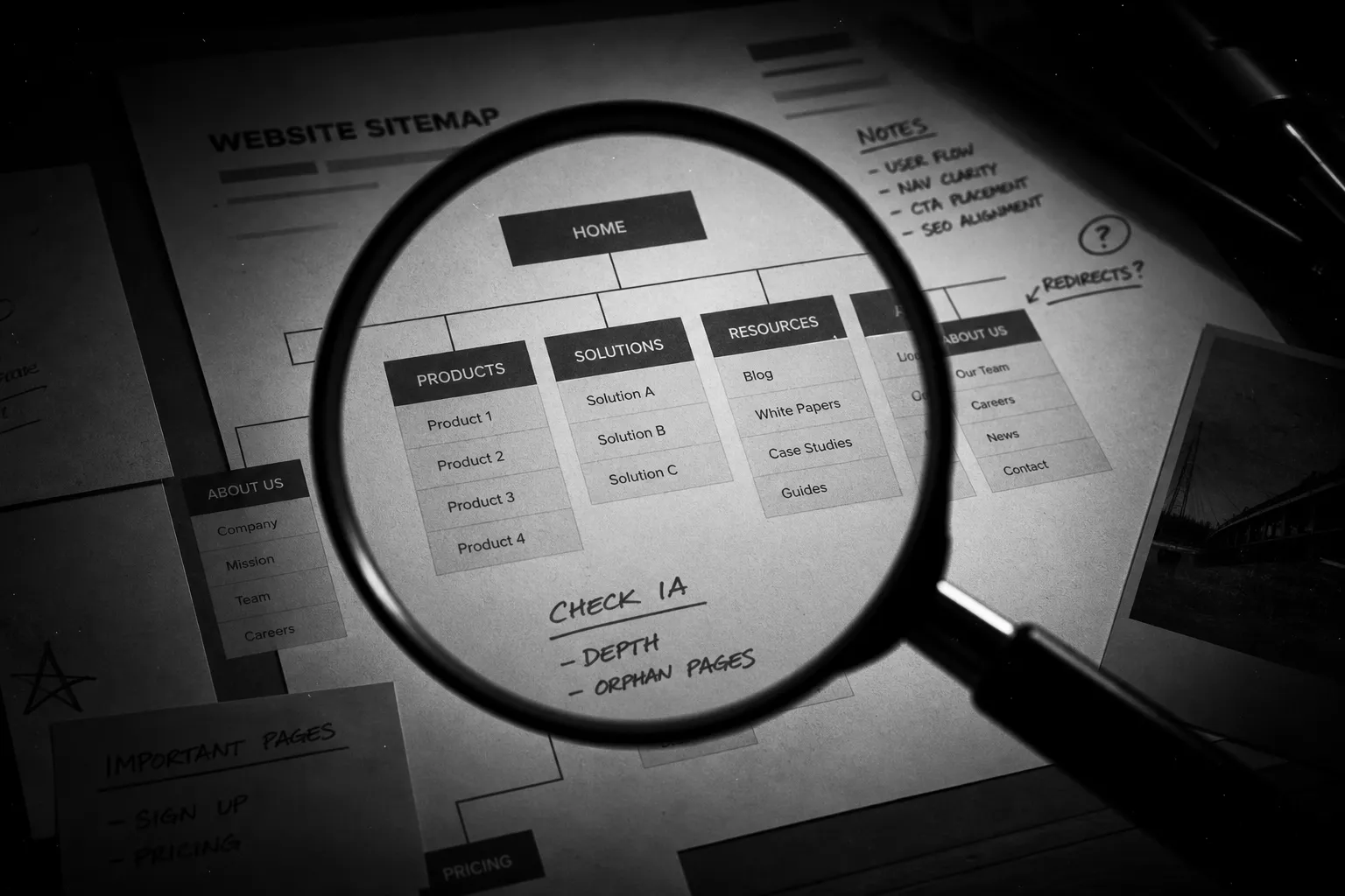Magnifying glass over printed website sitemap pages under dramatic light
