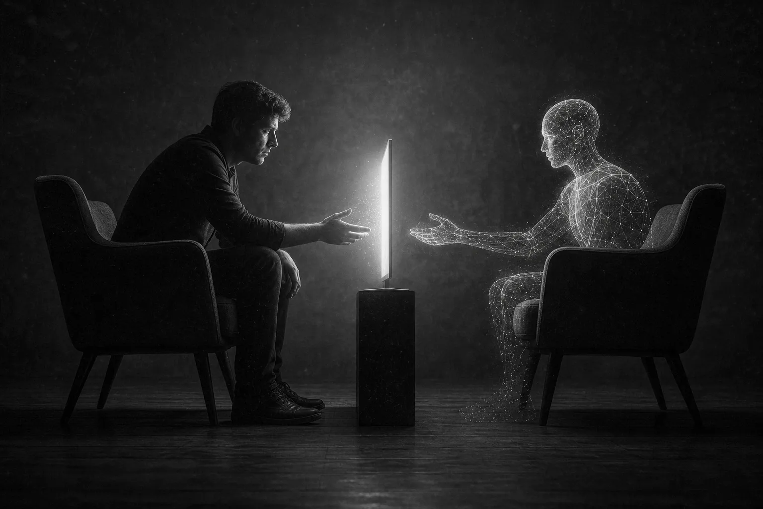 Two chairs facing each other with soft screen glow between them, suggesting human handoff