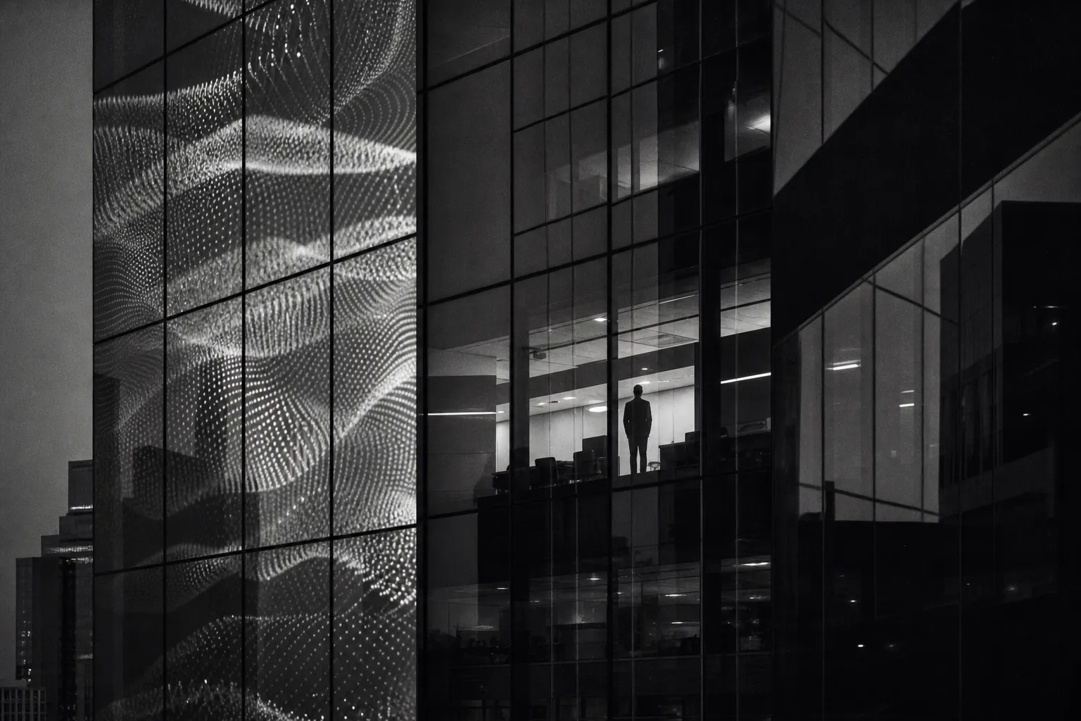 Glass office facade reflecting abstract digital patterns in minimalist geometry