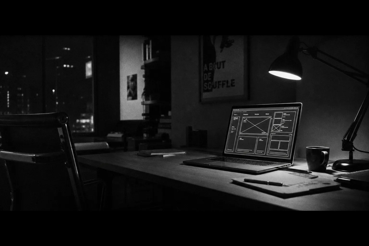 Wide cinematic desk scene with a laptop showing an abstract portal interface in dramatic side light - hero image
