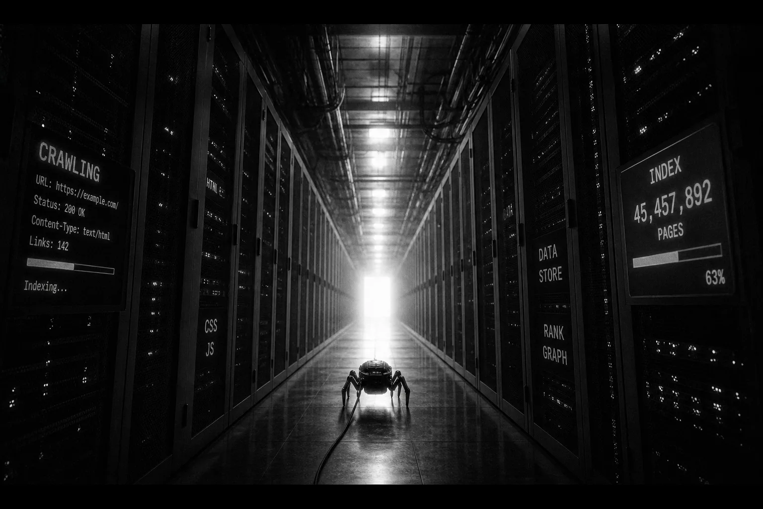 Wide cinematic server corridor with light at the end, evoking web crawling and indexation - hero image