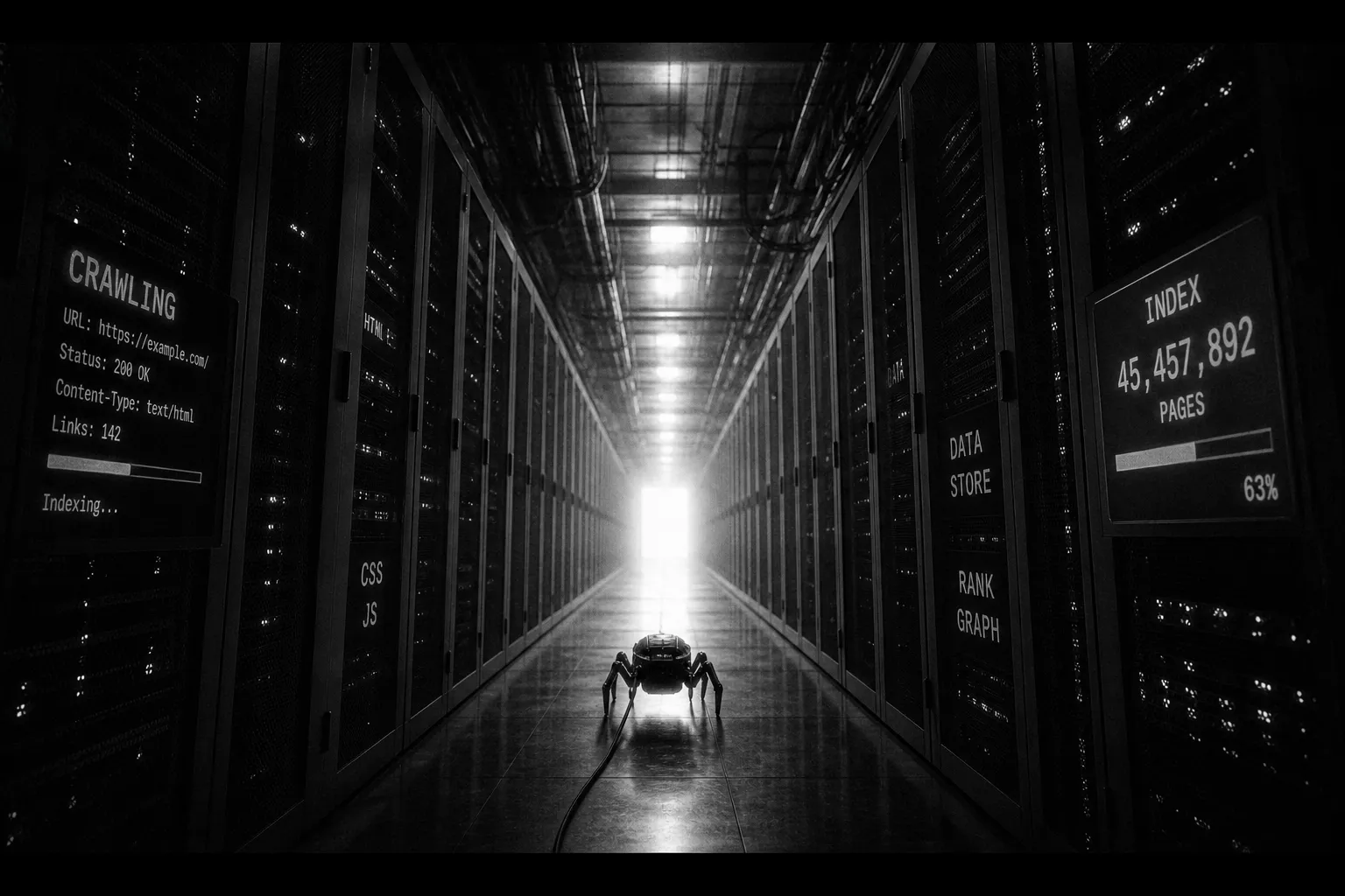 Wide cinematic server corridor with light at the end, evoking web crawling and indexation