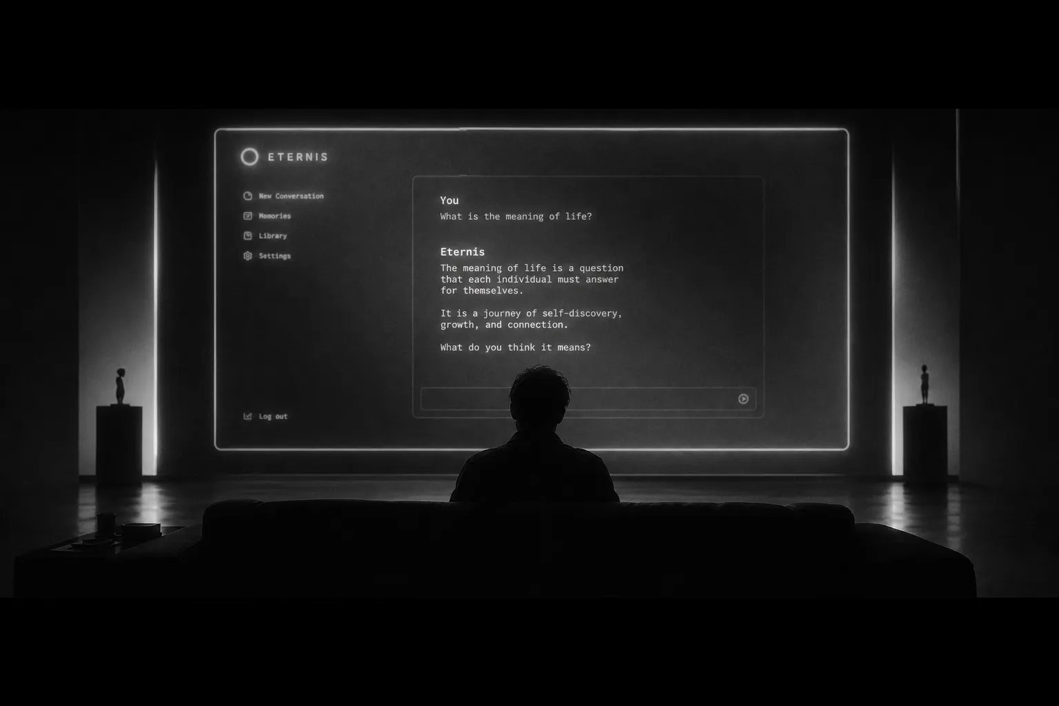 Silhouetted figure facing a large glowing chat interface with dramatic backlighting