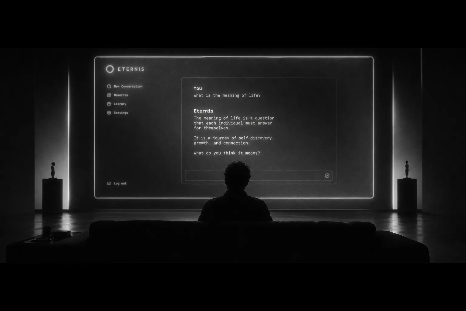 Silhouetted figure facing a large glowing chat interface with dramatic backlighting - hero image